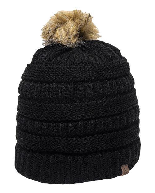 Outdoor Cap Cable Knit Faux Fur Pom OC805 - Dresses Max