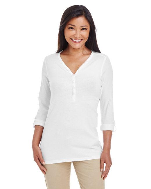 Devon & Jones Ladies' Perfect Fit Y-Placket Convertible Sleeve Knit Top DP186W - Dresses Max