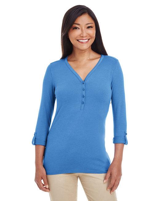 Devon & Jones Ladies' Perfect Fit Y-Placket Convertible Sleeve Knit Top DP186W - Dresses Max