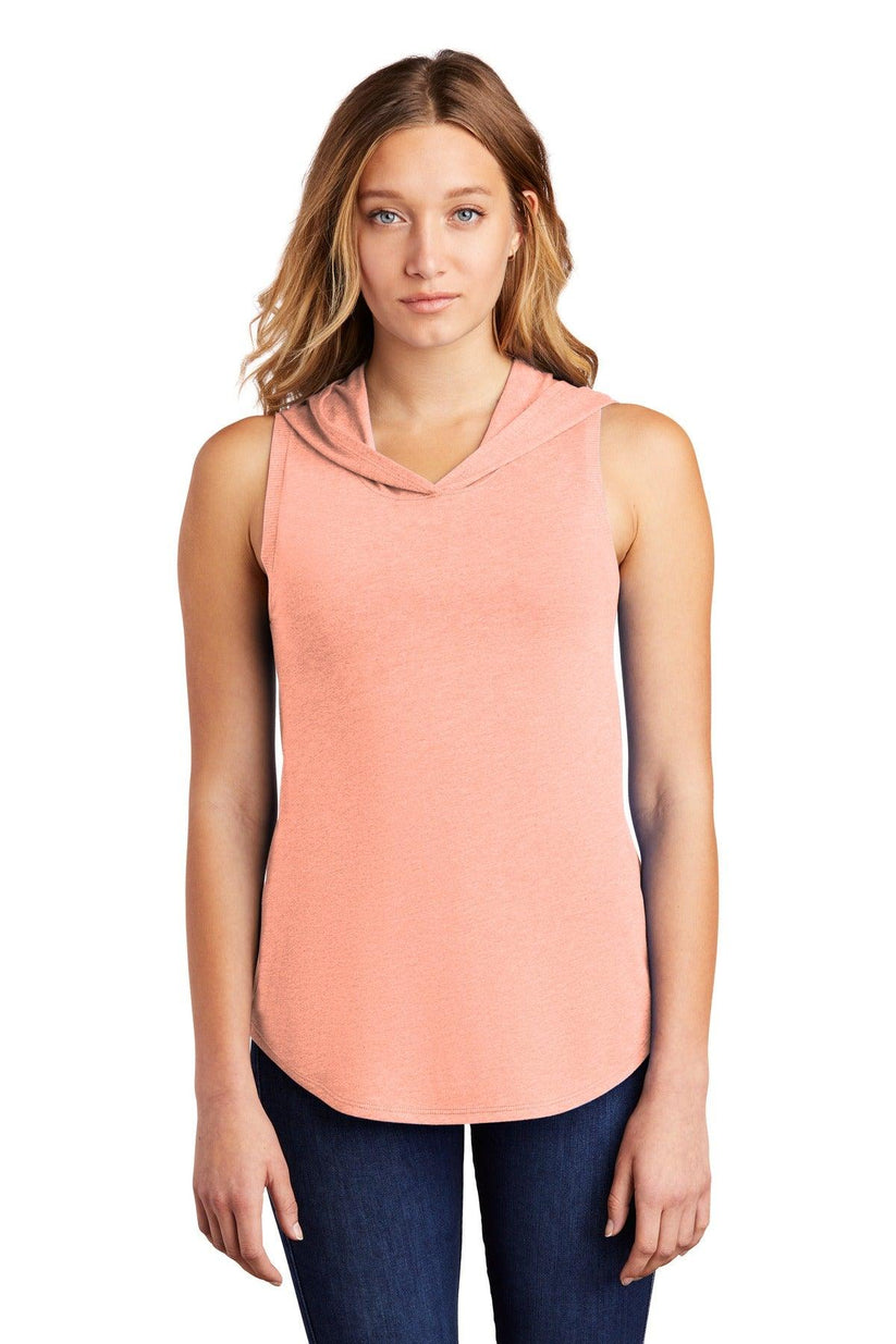 DT1375_heathereddustypeach_model_front_082019 District  Women's Perfect Tri  Sleeveless Hoodie DT1375 - Image 1
